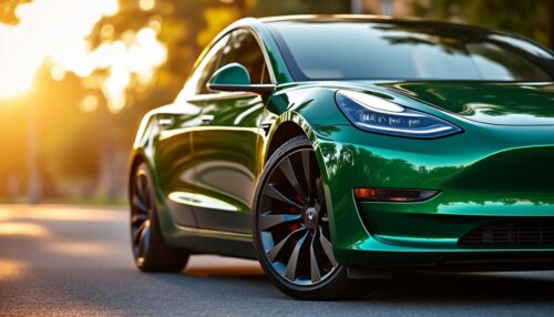 ontdek de tijdloze elegantie van de tesla model 3 performance in british racing green. een perfecte combinatie van geavanceerde technologie en klassieke stijl.